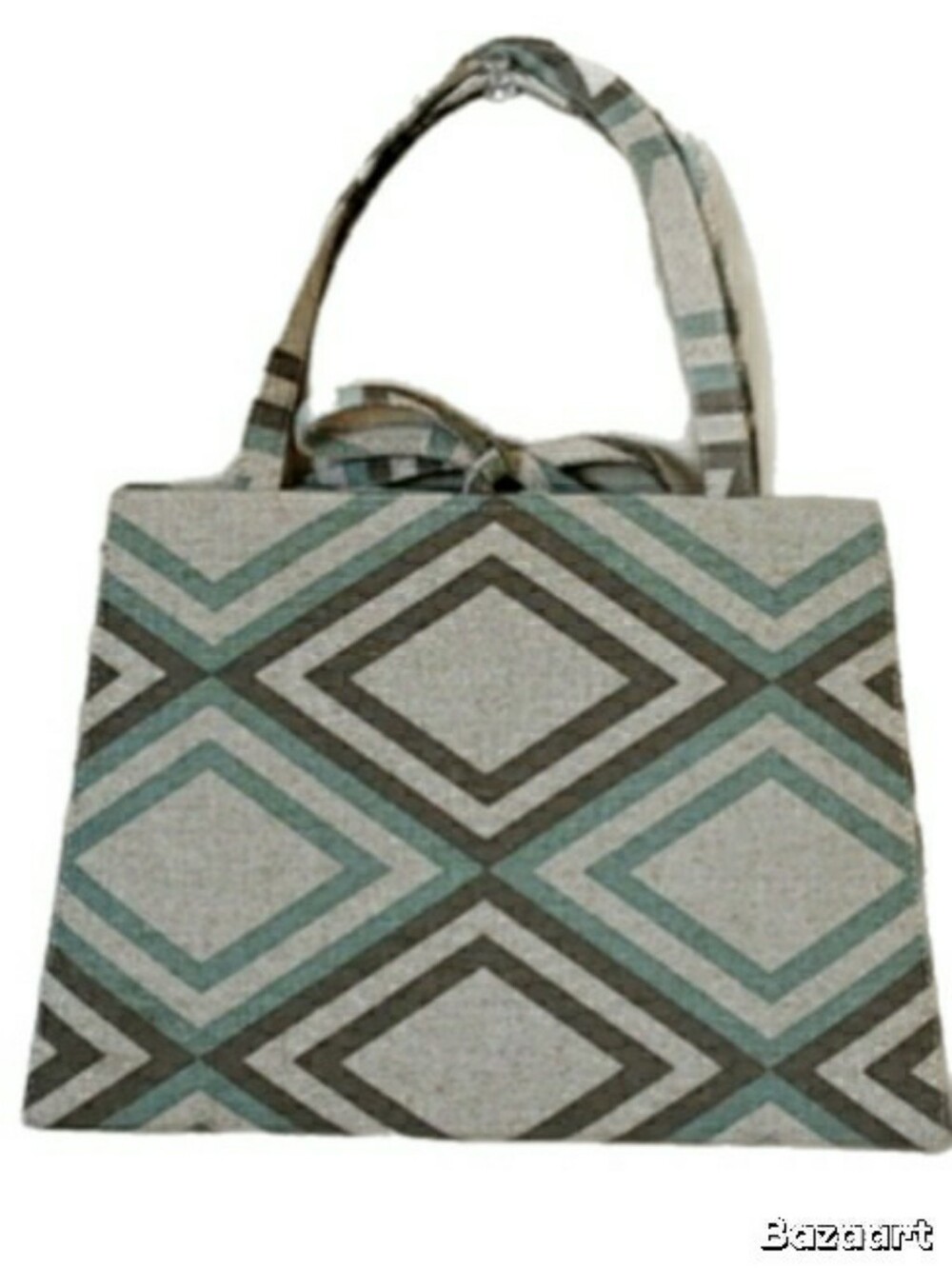 Vintage 90's Structured Canvas Geo-Print Tote Bag in Cream, Teal & Brown
